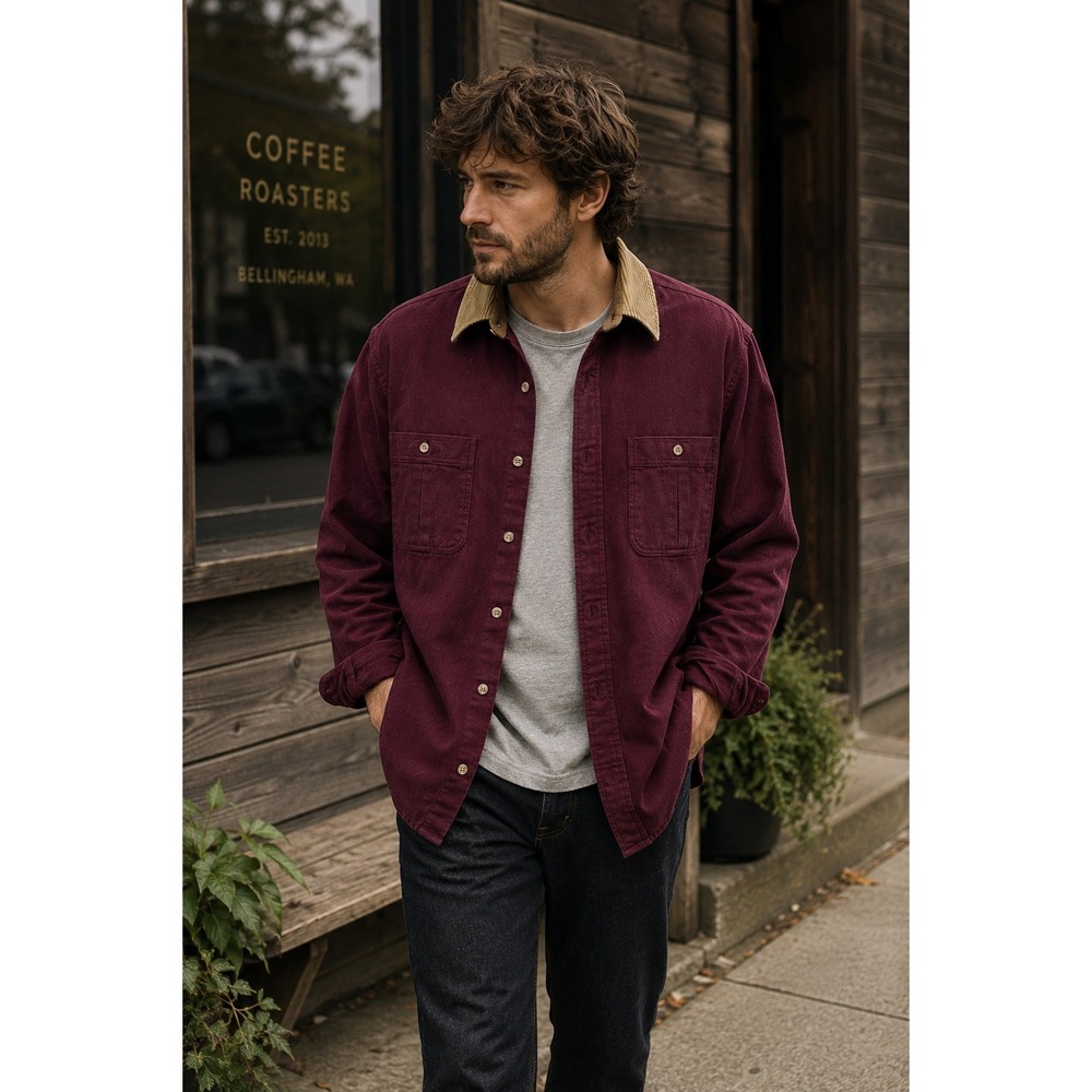 Vintage 90s Eddie Bauer Heavy Cotton Flannel Shirt Corduroy Collar Burgundy XL